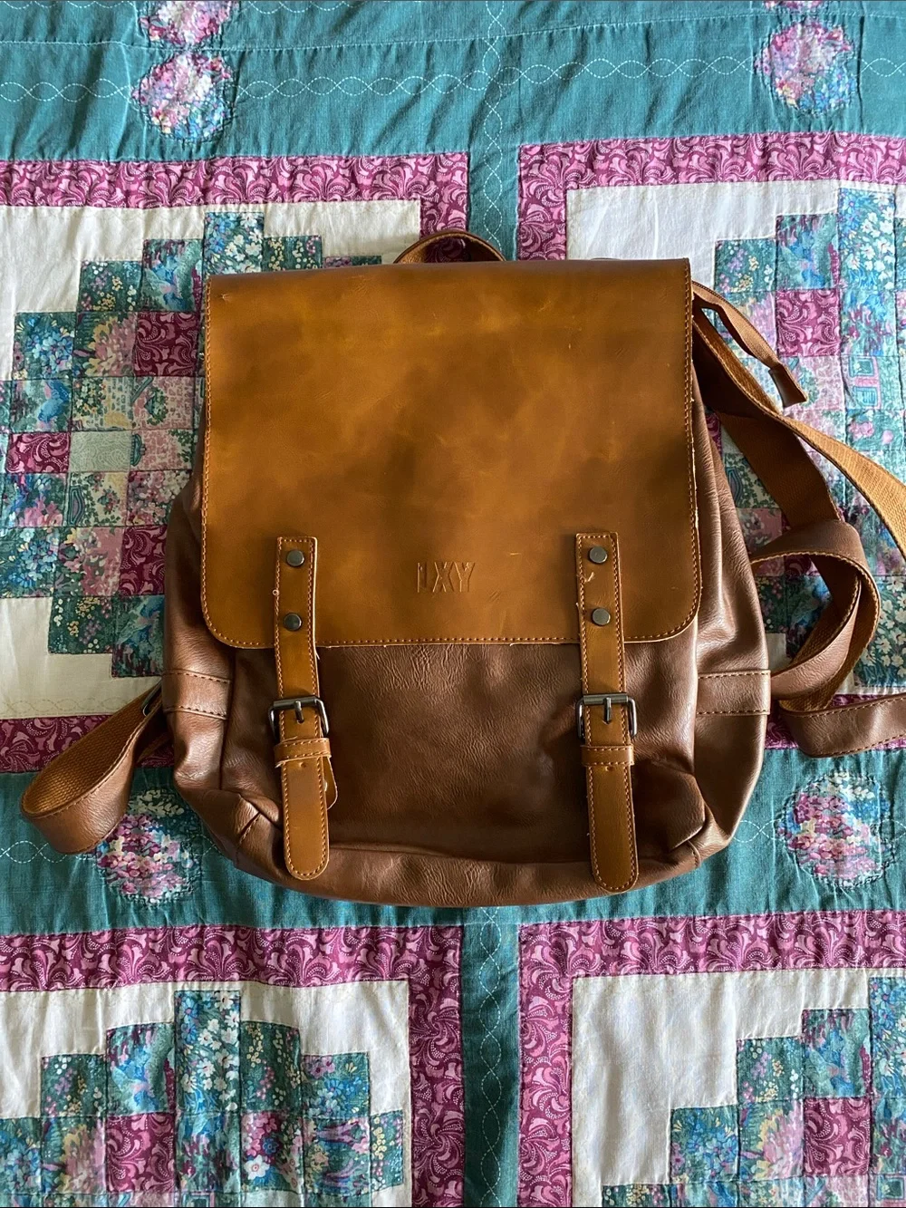 Men's Tan Leather Backpack with Front Buckle Flap